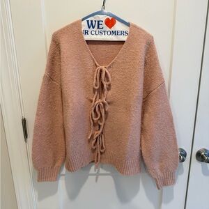 Pale Pink V-Neck Sweater with Tie Front